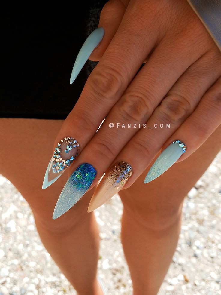 Sharp Nail Designs
 Long sharp blue custom 3D nail art design stiletto nails
