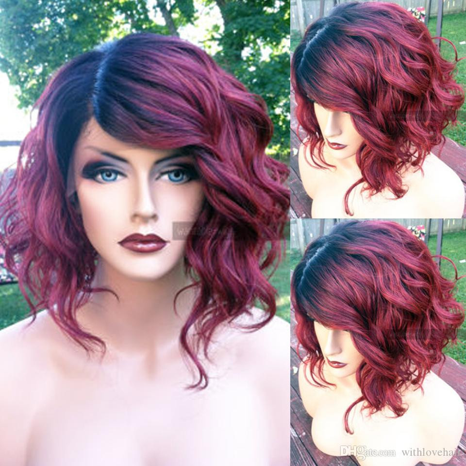 Short Burgundy Hairstyles
 Bob Style Two Tone 1B 99J Burgundy Ombre Human Hair Lace