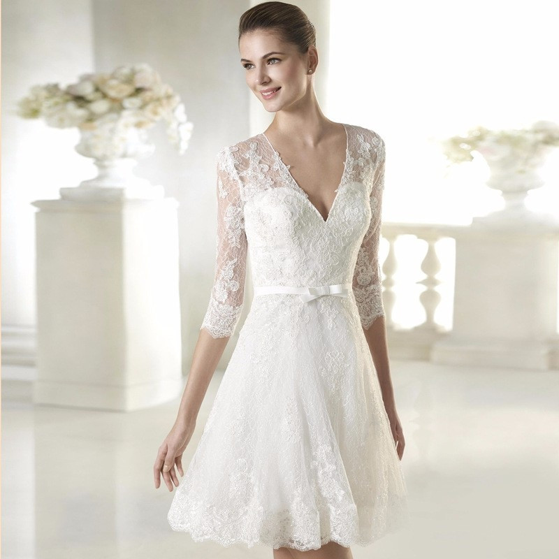Simple Short Wedding Dresses
 Half Sleeve V Neck White Lace Simple Short Wedding Dress