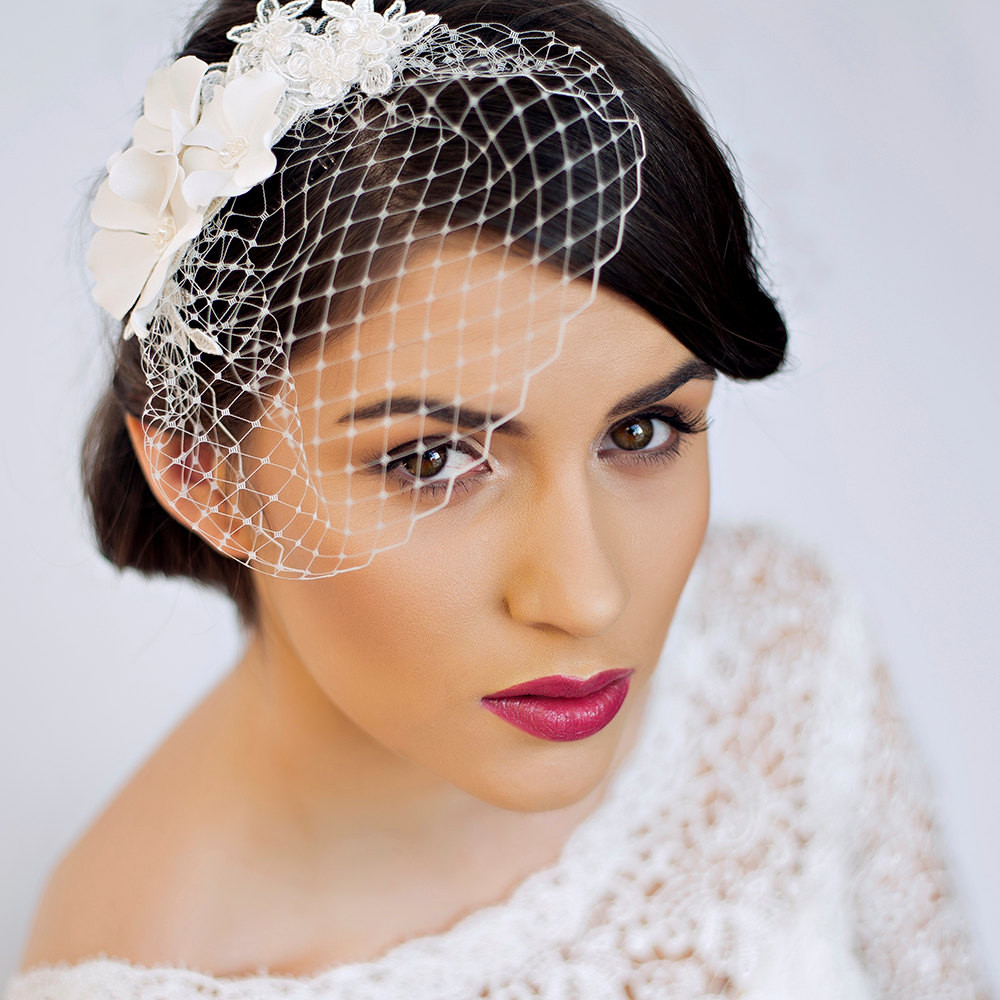 Small Wedding Veils
 Small Birdcage Veil with Cherry Blossom in Ivory Bridal Hair