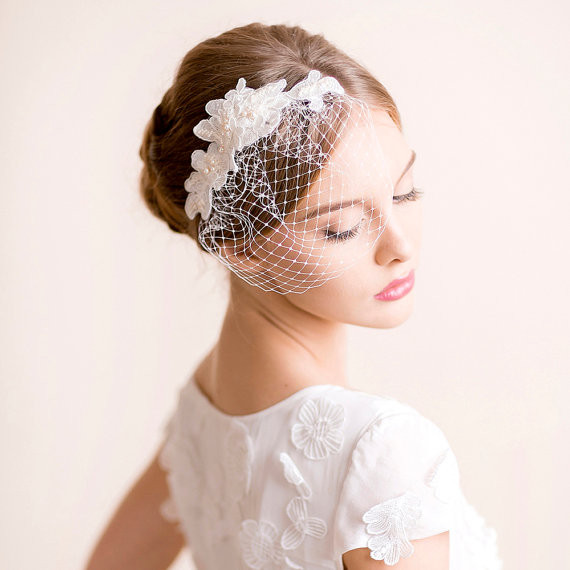 Small Wedding Veils
 Lace Hair Piece with Small Birdcage Veil Bridal Lace Hair