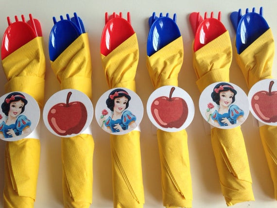 Snow White Birthday Decorations
 Snow White Birthday Party Cutlery wrapped by AlishaKayDesigns