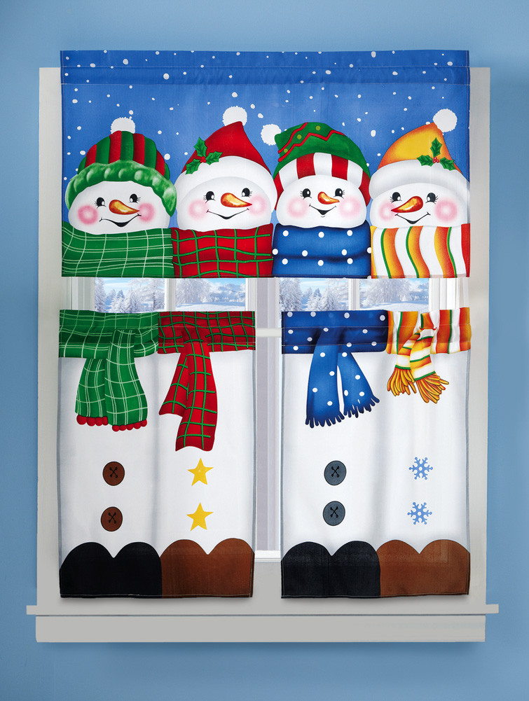 Snowman Kitchen Curtains
 3 Piece Winter Pals Snowman Cafe Window Curtain Set