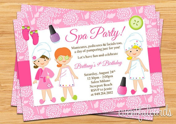 Spa Birthday Party Invitations
 Items similar to Spa Party Kids Birthday Invitation on Etsy