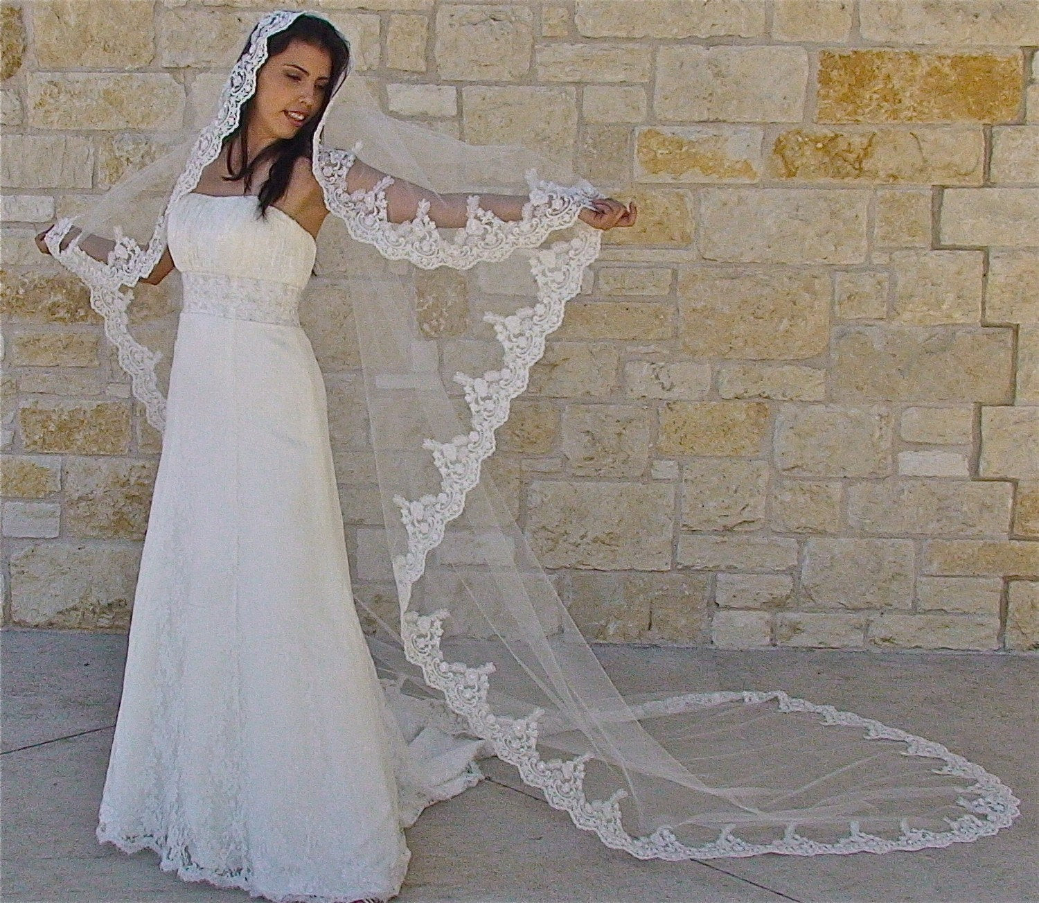 Spanish Mantilla Wedding Veil
 Mantilla Veil with Beaded Lace in CATHEDRAL LENGTH Spanish