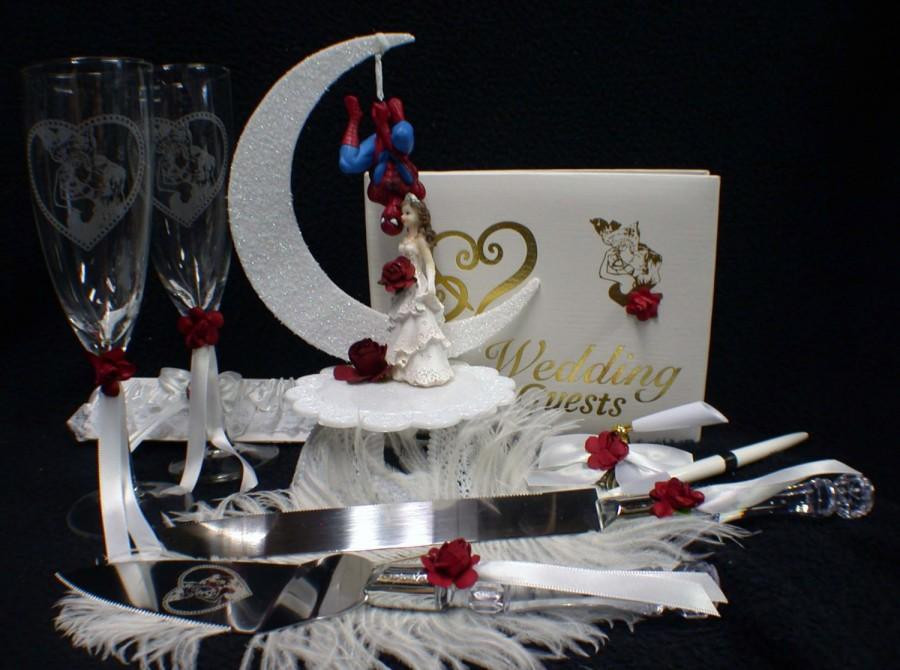 Spiderman Wedding Cake Topper
 SPIDERMAN Wedding Cake Topper LOT Glasses Knife Server