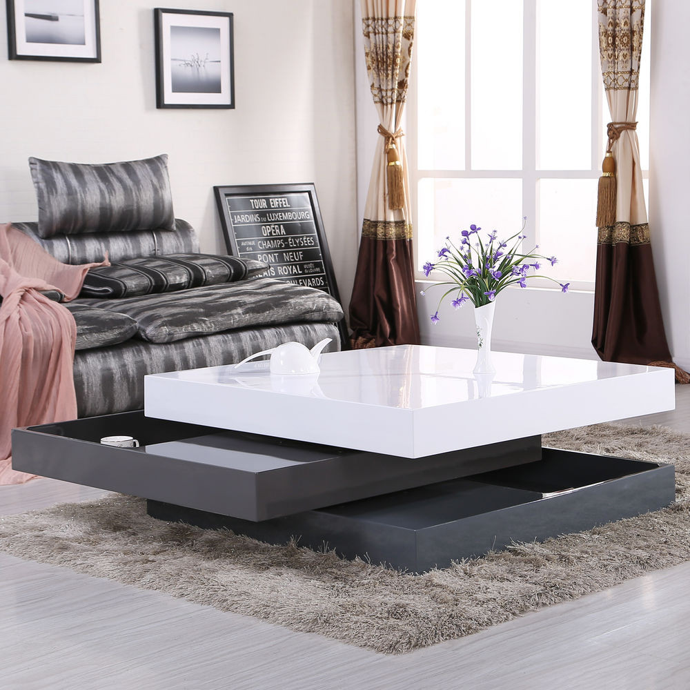 Square Living Room Table
 3 Layers High Gloss Square Storage Rotating Coffee Table