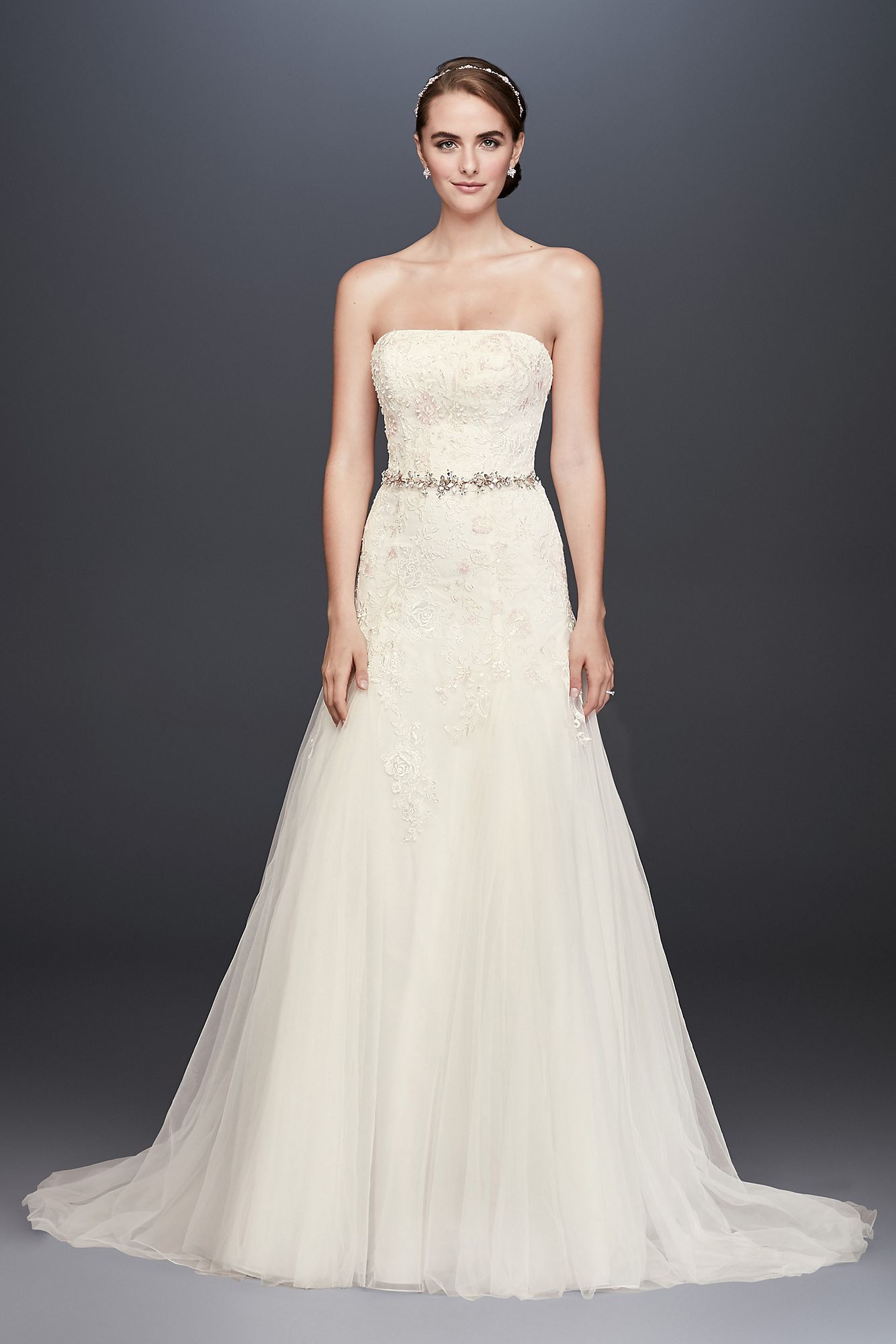 Strapless Wedding Gowns
 Strapless Long A line Lace Appliqued Straight Neckline