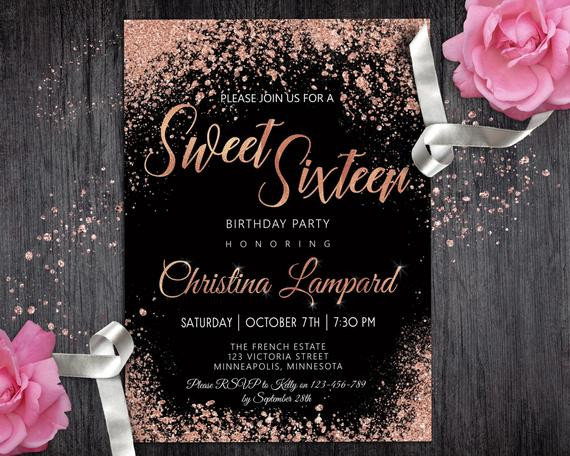 Sweet 16 Birthday Party Invitations
 Sweet 16 Invitation Rose Gold Black Birthday invitation