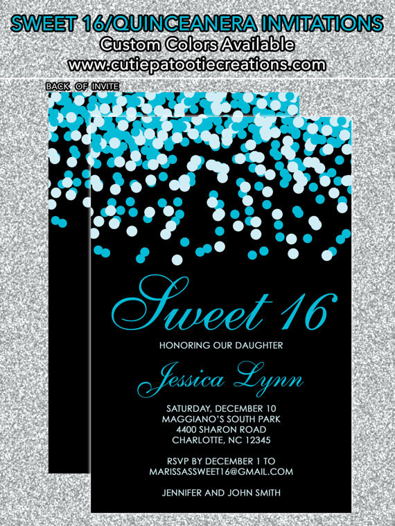 Sweet 16 Birthday Party Invitations
 Teal Blue & Black Confetti Sweet 16 Birthday Invitations