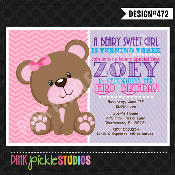Teddy Bear Birthday Invitations
 Girly Teddy Bear Invitation or Thank You by PinkPickleParties