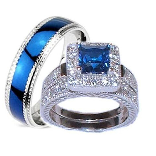 Three Piece Wedding Ring Sets
 Buy His Hers 3 Piece Wedding Ring Set Sapphire Blue Cz