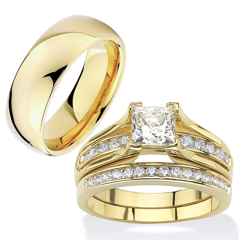 Three Piece Wedding Ring Sets
 HIS & HERS 3 Piece 14K Gold Plated Stainless Steel CZ