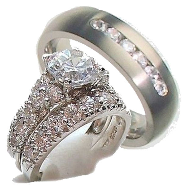 Three Piece Wedding Ring Sets
 His & Hers 3 Piece Engagement Wedding Ring Set 925