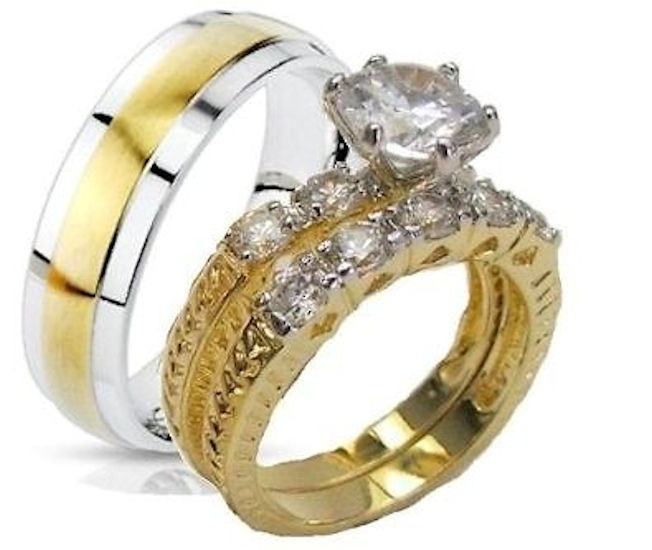 Three Piece Wedding Ring Sets
 Yellow Gold Overlay His & Hers 3 Piece Engagement Wedding