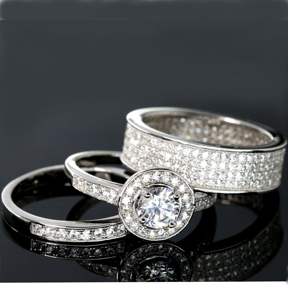 Three Piece Wedding Ring Sets
 WEDDING RINGS 3 piece Halo Engagement Bridal CZ 925