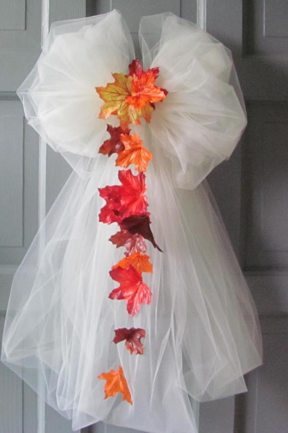 Tulle Wedding Decorations
 Items similar to Wedding Bows Autumn Leaves Ivory Tulle