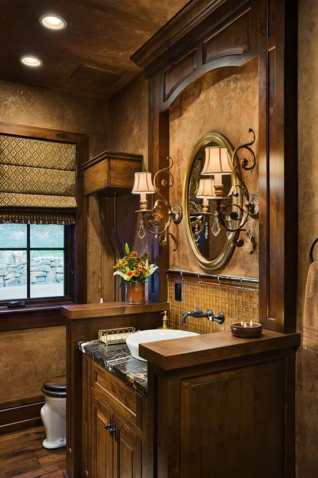 Tuscan Bathroom Vanity
 Tuscan Bathroom With Wall Sconces And Wooden Vanity