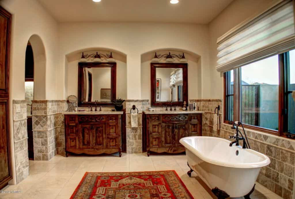 Tuscan Bathroom Vanity
 Tuscan Bathroom With Clawfoot Tub And Double Vanities