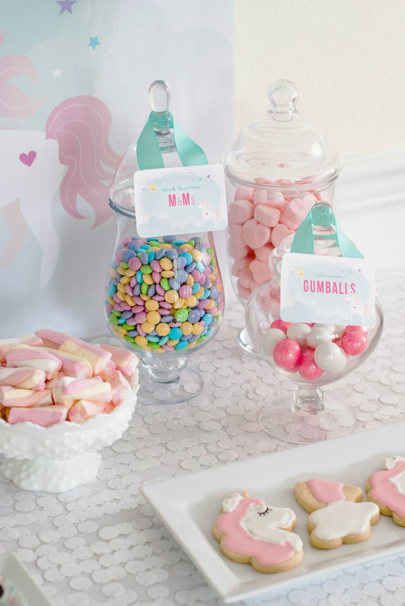 Unicorn Food Party Favor Ideas
 Candy and cookies from Magical Unicorn Party Dessert Table