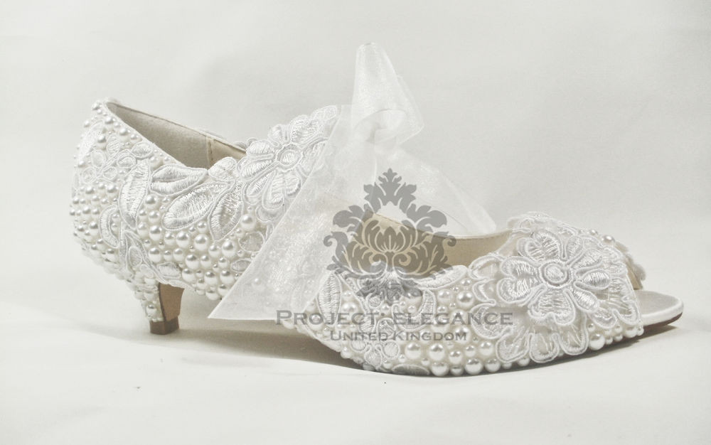 Vintage Wedding Shoes Low Heel
 WOMENS NEW WHITE VINTAGE LACE PEARL PEEP TOE LOW MID HEEL