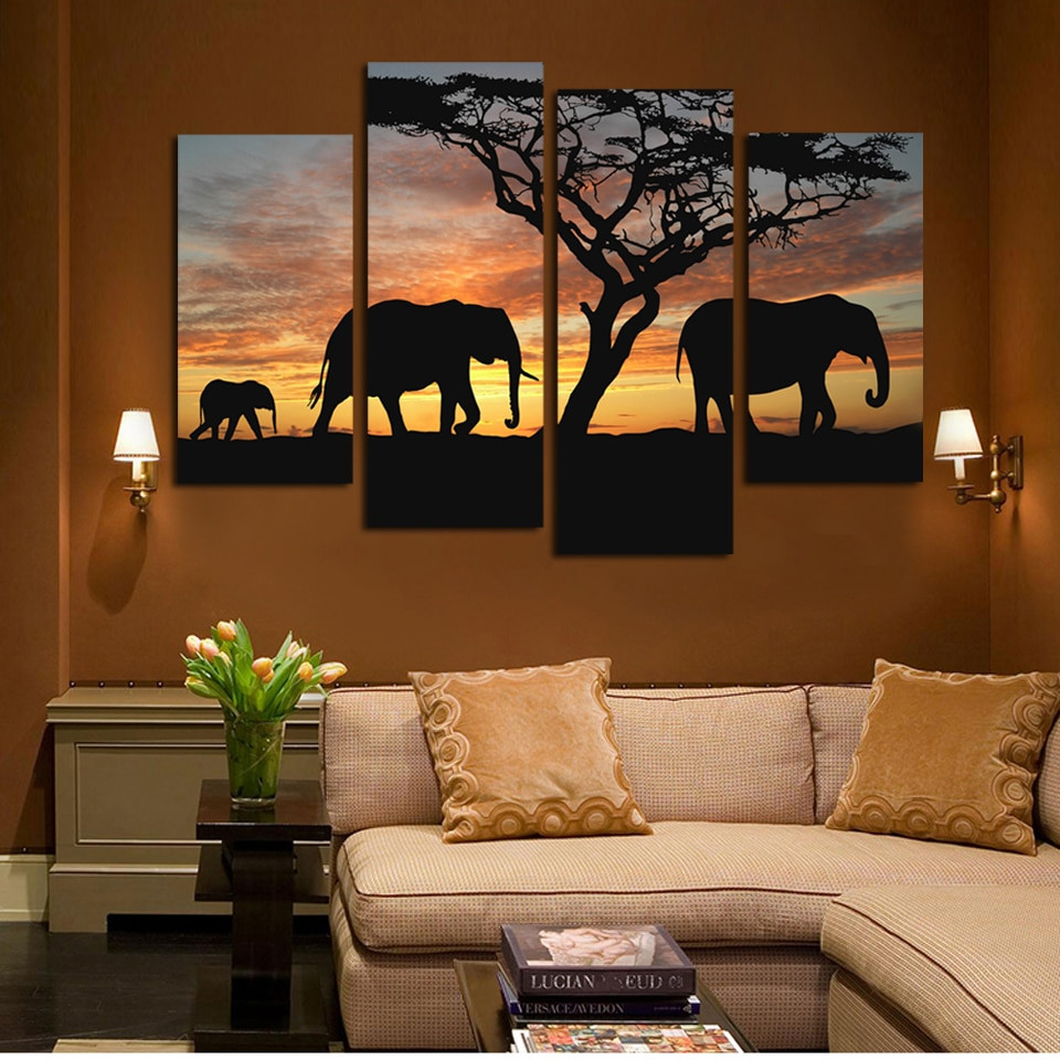 Wall Painting For Living Room
 4 Panels Elephant in Sunsetting Print Canvas Painting for
