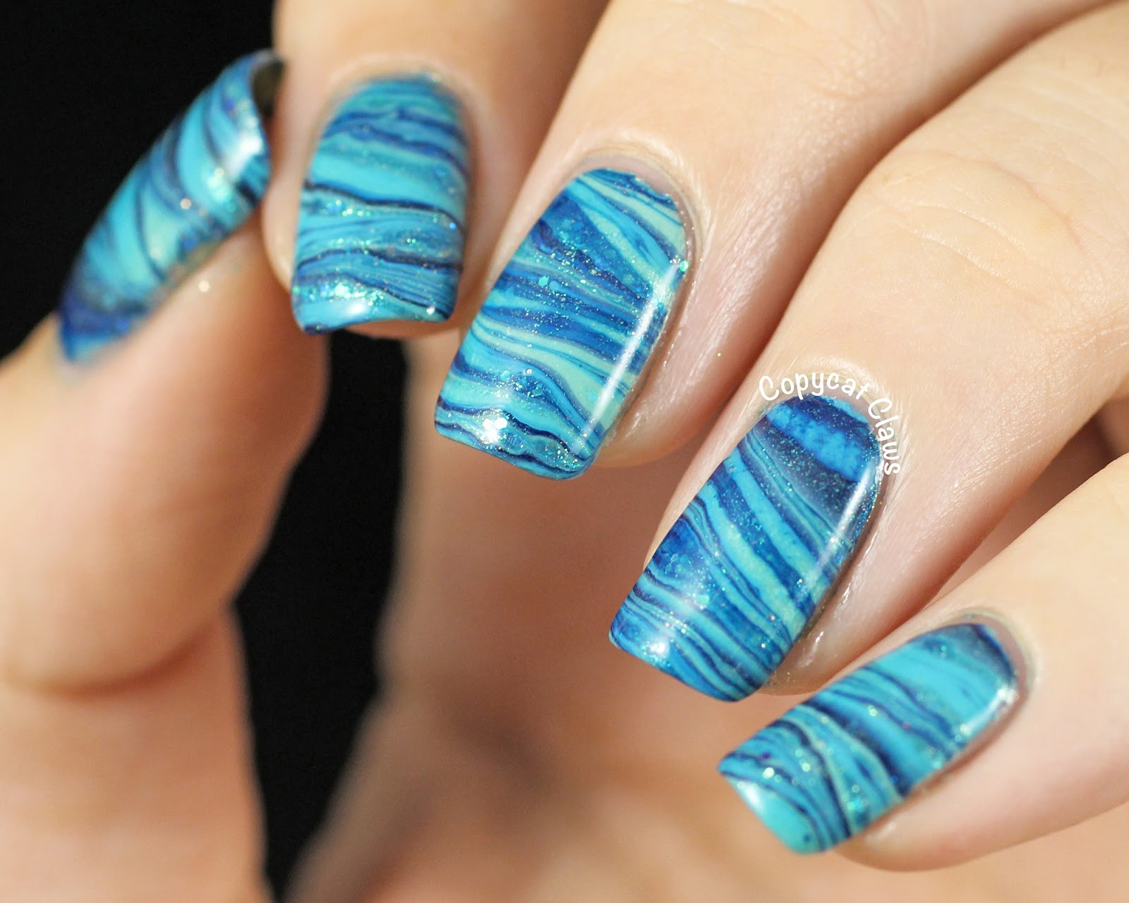 Water Nail Art
 Copycat Claws 31DC2014 Day 20 Blue Water Marble Nail Art