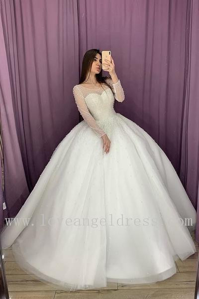 Wedding Ball Gowns 2020
 Illusion Long Sleeves Pearls Wedding Dress Ball Gown 2020