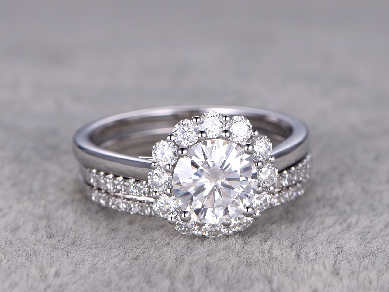 Wedding Band With Diamonds
 Flower Moissanite Wedding Ring Set Diamond Curved Matching