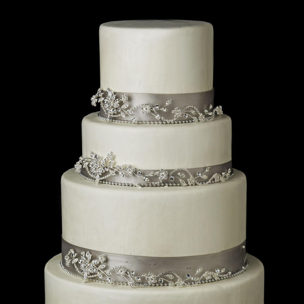 Wedding Cakes With Rhinestones
 Silver Clear Rhinestone Floral Leaf Vine Wedding Cake