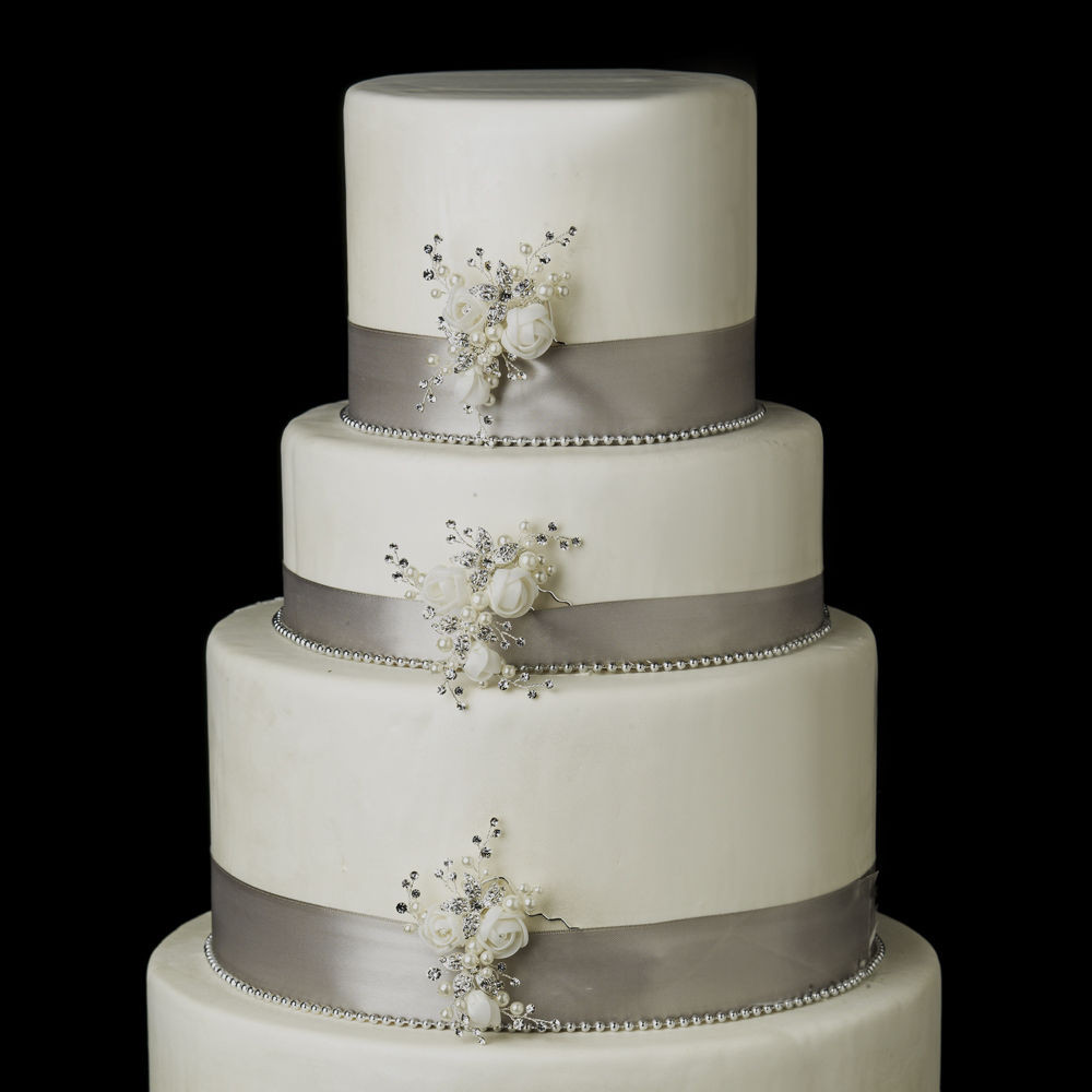 Wedding Cakes With Rhinestones
 3 White Ivory Pearl Rhinestone Organza Rose Wedding Cake