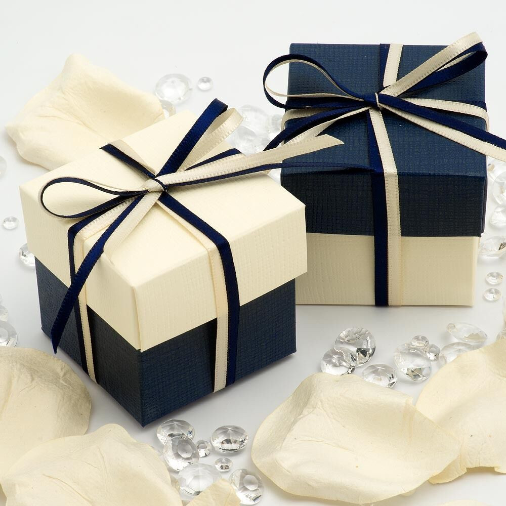 Wedding Favor Boxes
 Navy Blue and Ivory Silk Square Boxes & Lids Wedding