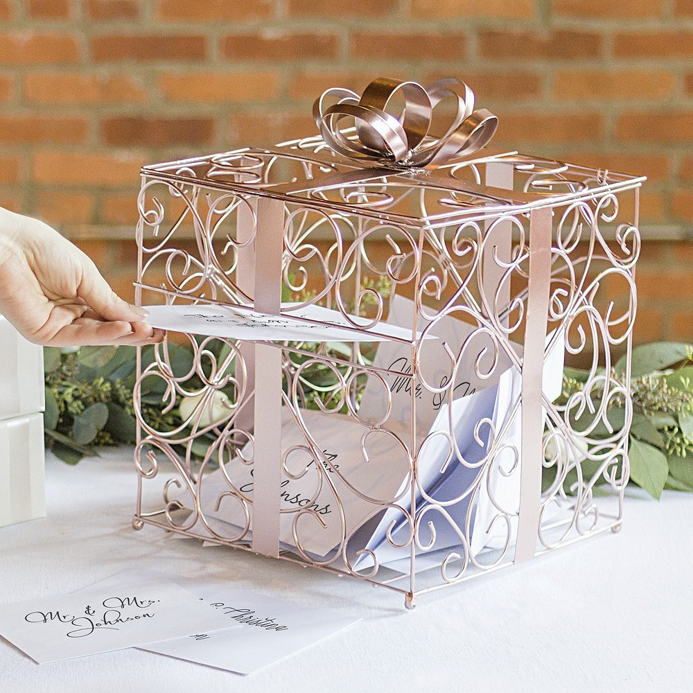 Wedding Gift Boxes For Cards
 Rose Gold Scrolled Wire Wedding Gift Card Box
