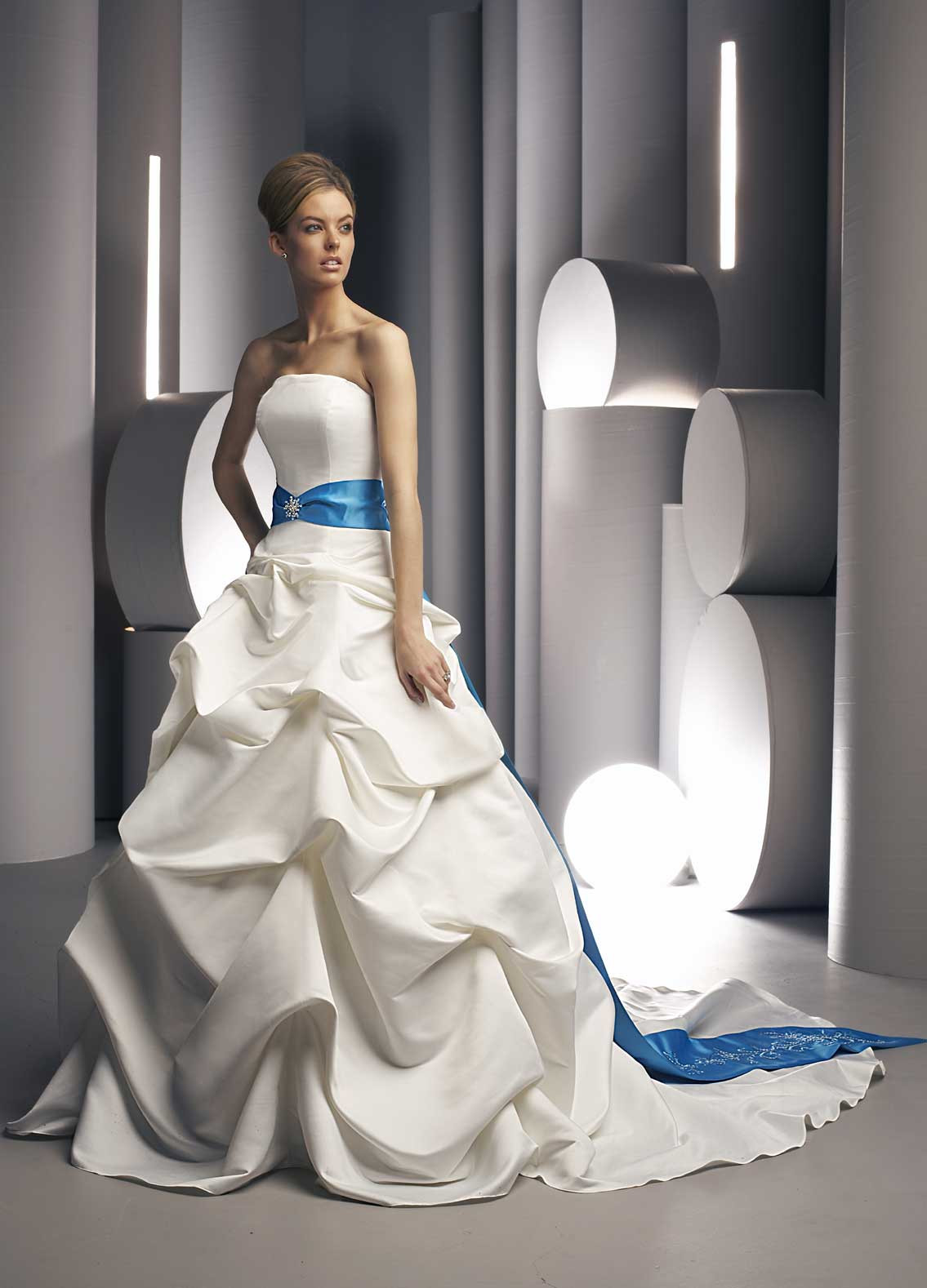 Wedding Gown Sashes
 White Wedding Gown with blue sash