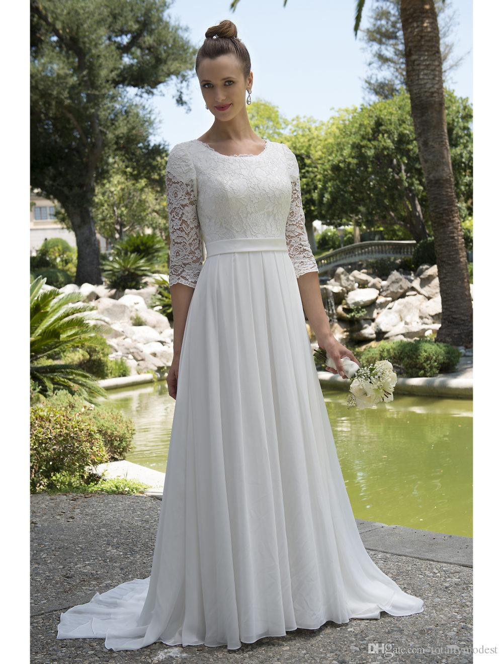 Wedding Gowns For Older Brides With Sleeves
 Discount Informal Lace Chiffon Modest Beach Wedding