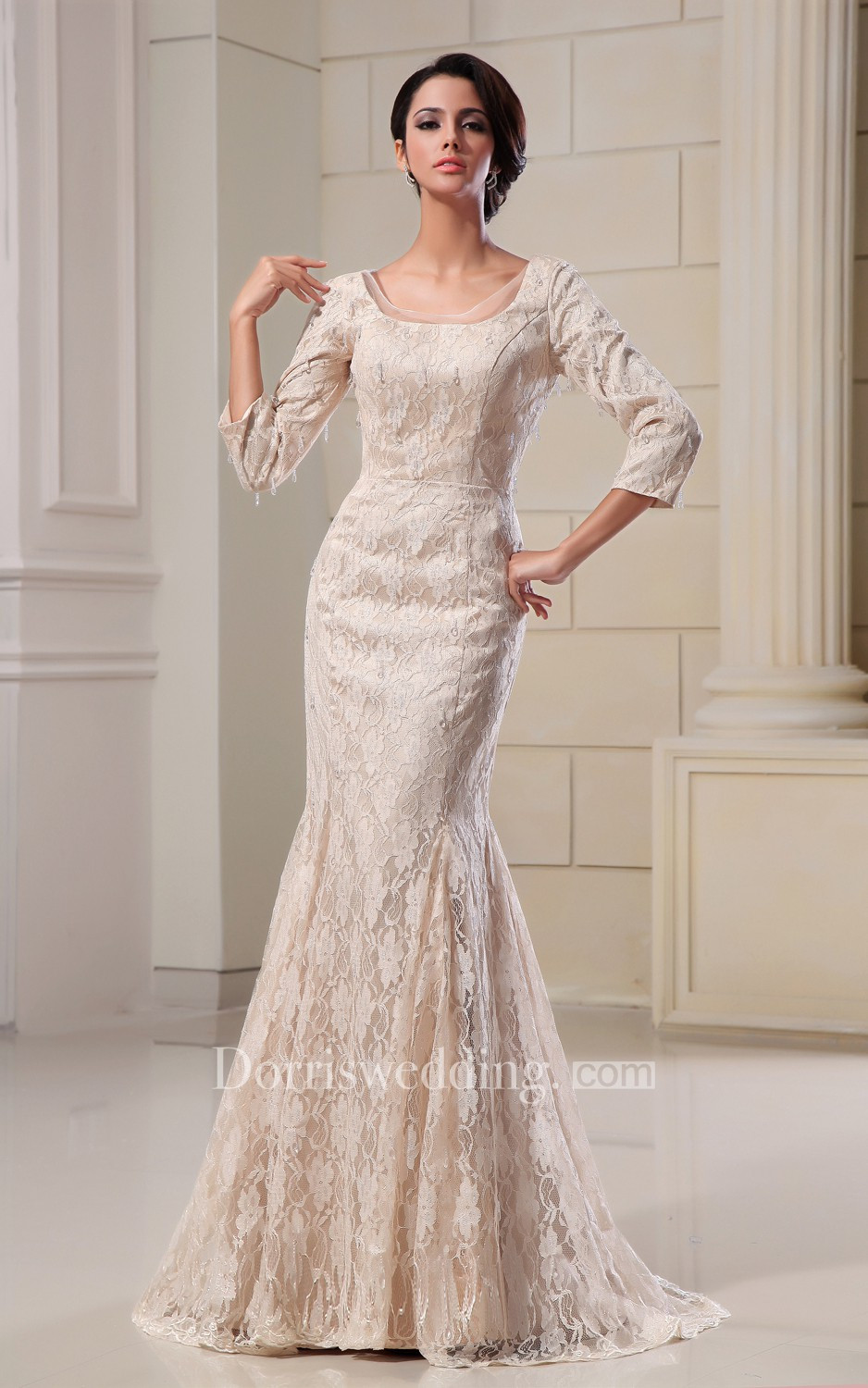 Wedding Gowns For Older Brides With Sleeves
 Square Neck Long Sleeve Mermaid Dress With Lace Appliques