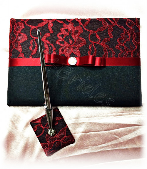 Wedding Guest Book Black
 Black and red lace wedding guest book and pen set