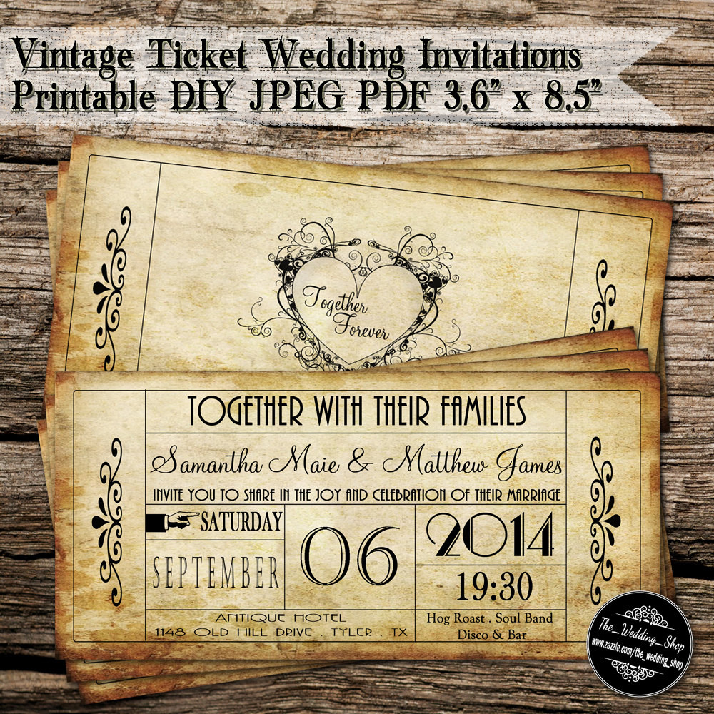 Wedding Invitations Vintage
 Vintage Ticket Wedding Invitations Printable DIY JPEG PDF