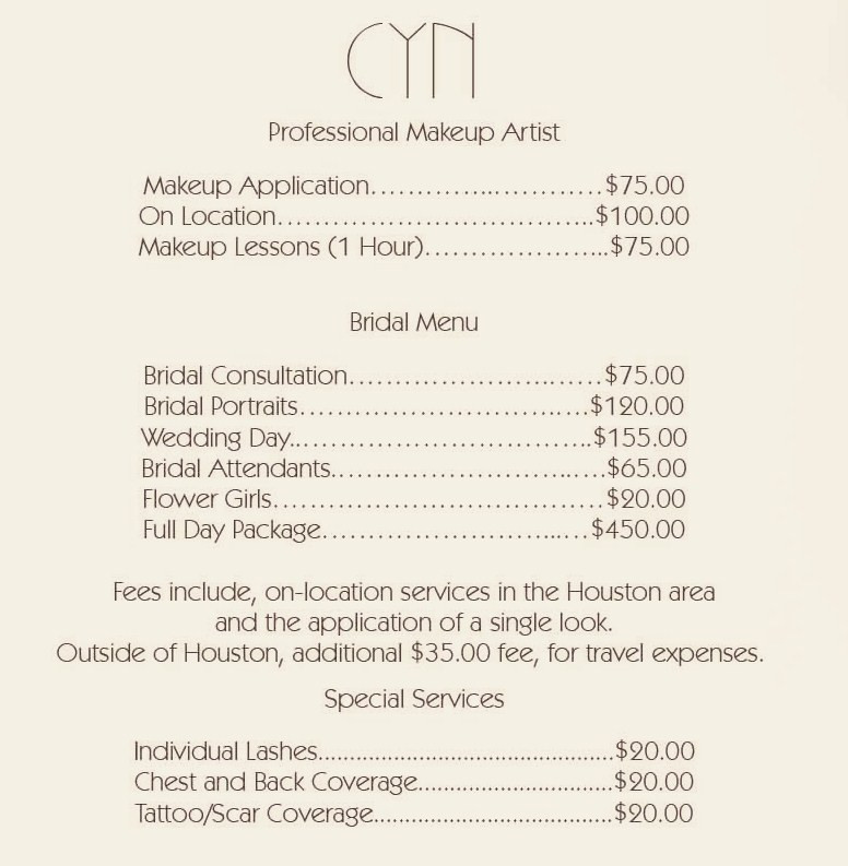 Wedding Makeup Prices
 Cyn Cosmetics Services Make up Application on site