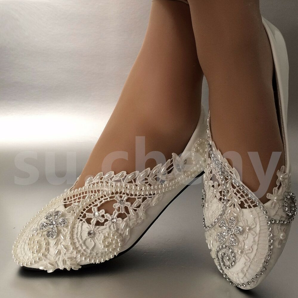 Wedding Shoes Ballet Flats
 White ivory pearls lace crystal Wedding shoes flat