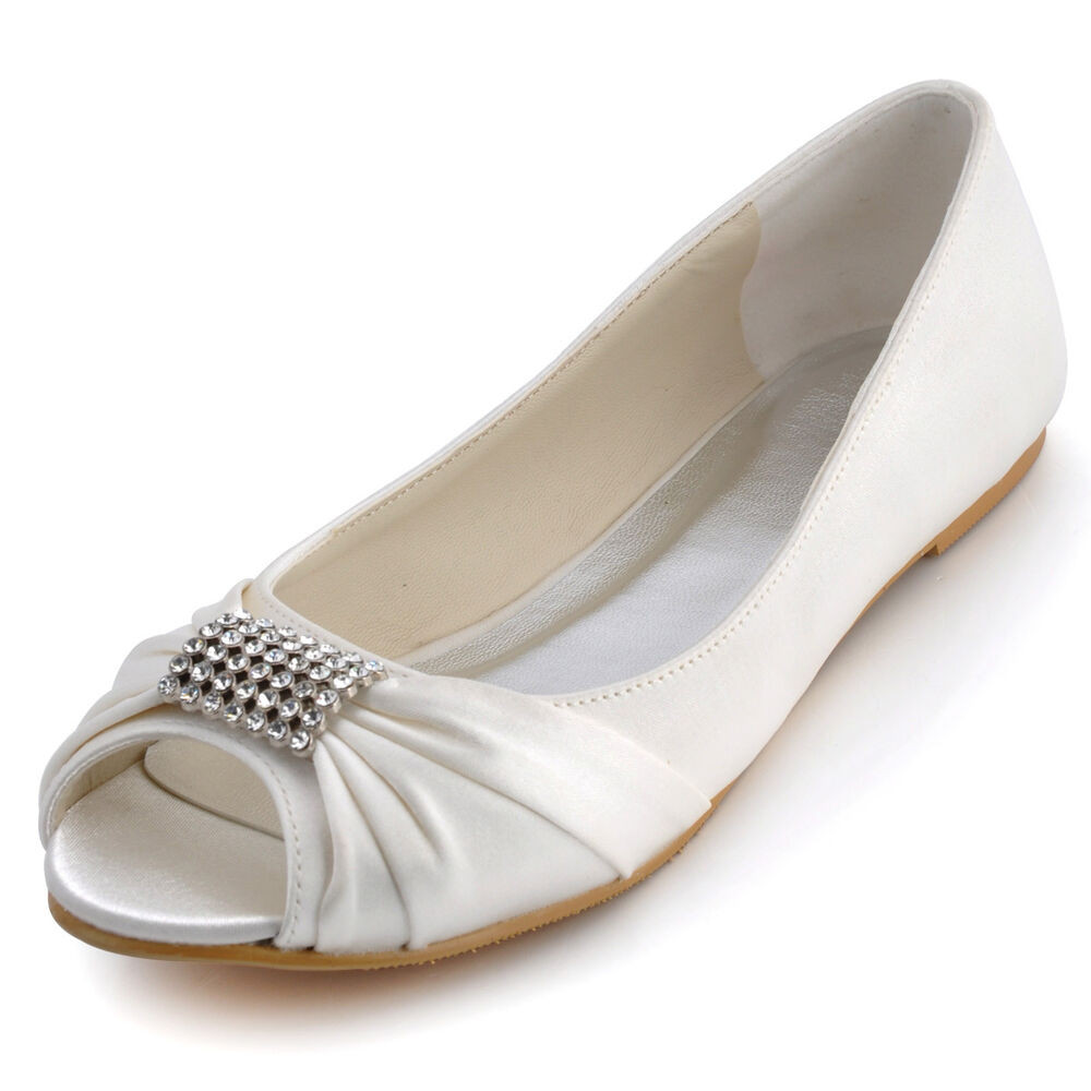 Wedding Shoes Ballet Flats
 EP2053 White Ivory Peep Toe Ballet Flats Rhinestones Satin
