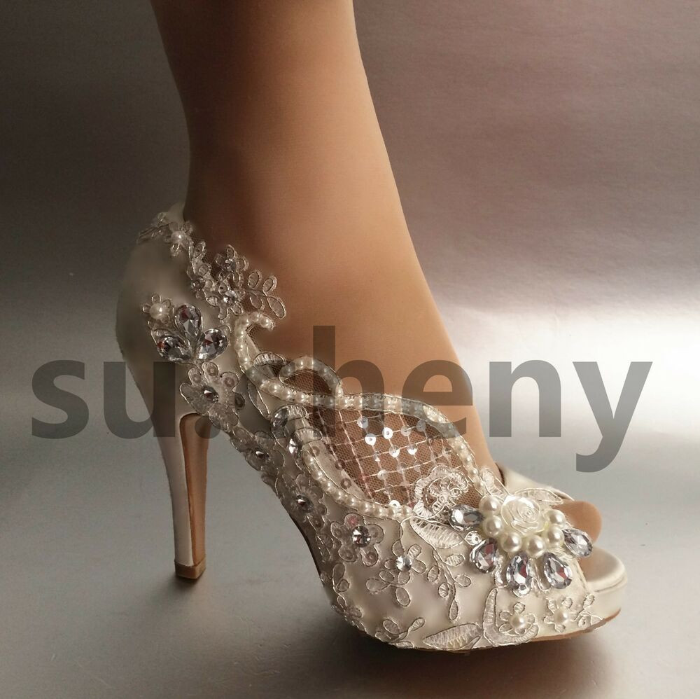 Wedding Shoes For The Bride
 3” 4” heel crystal white ivory silk lace open toe Wedding