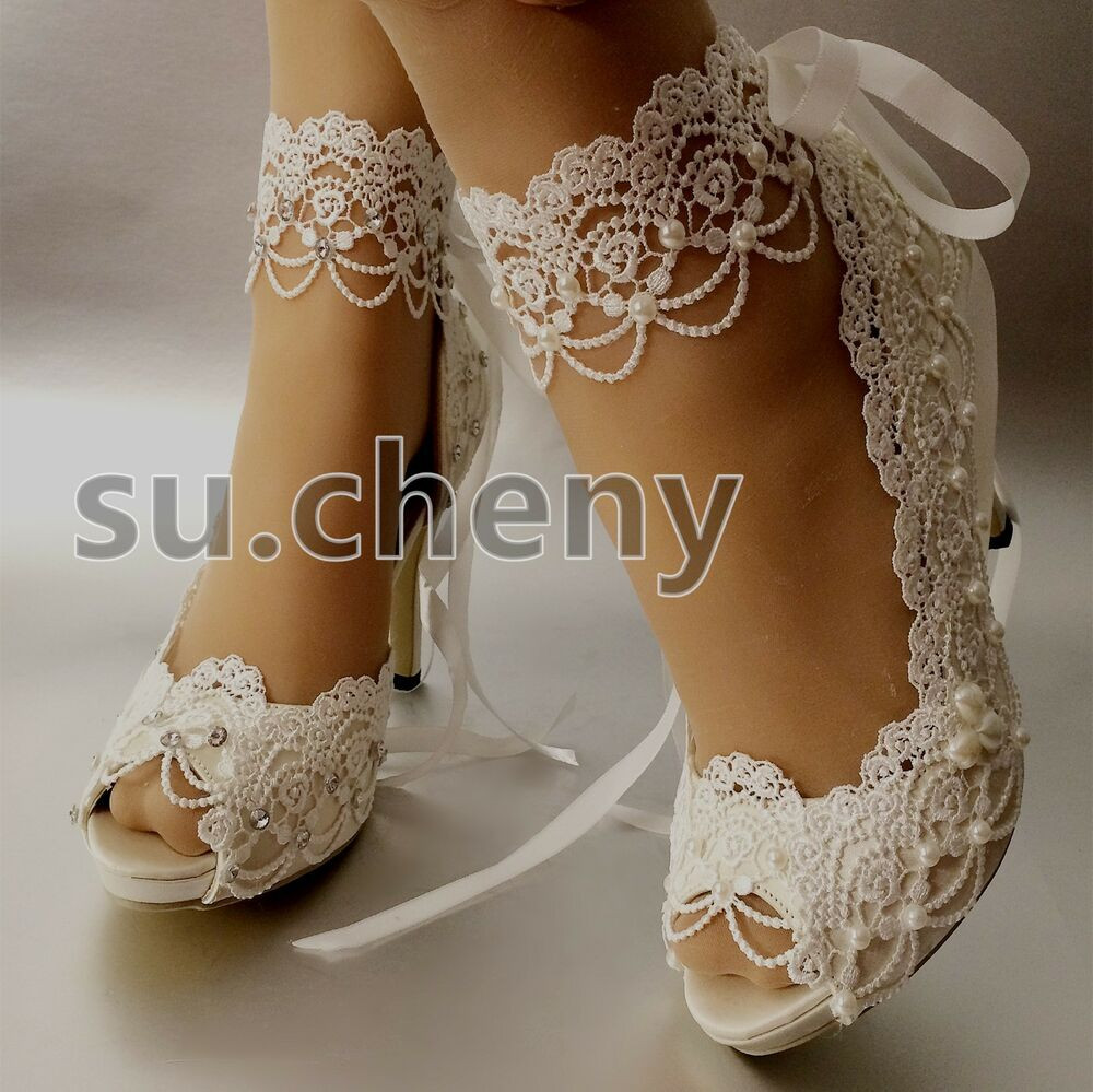 Wedding Shoes For The Bride
 3" 4” heel white ivory satin lace ribbon open toe Wedding