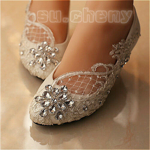 Wedding Shoes For The Bride
 Lace white ivory crystal Wedding shoes Bridal flats low