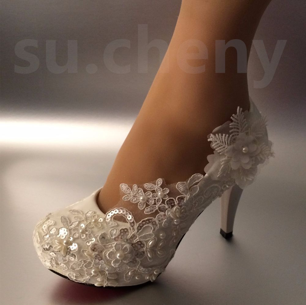Wedding Shoes For The Bride
 sueny 3" 4 " heel white ivory lace pearls Wedding shoes
