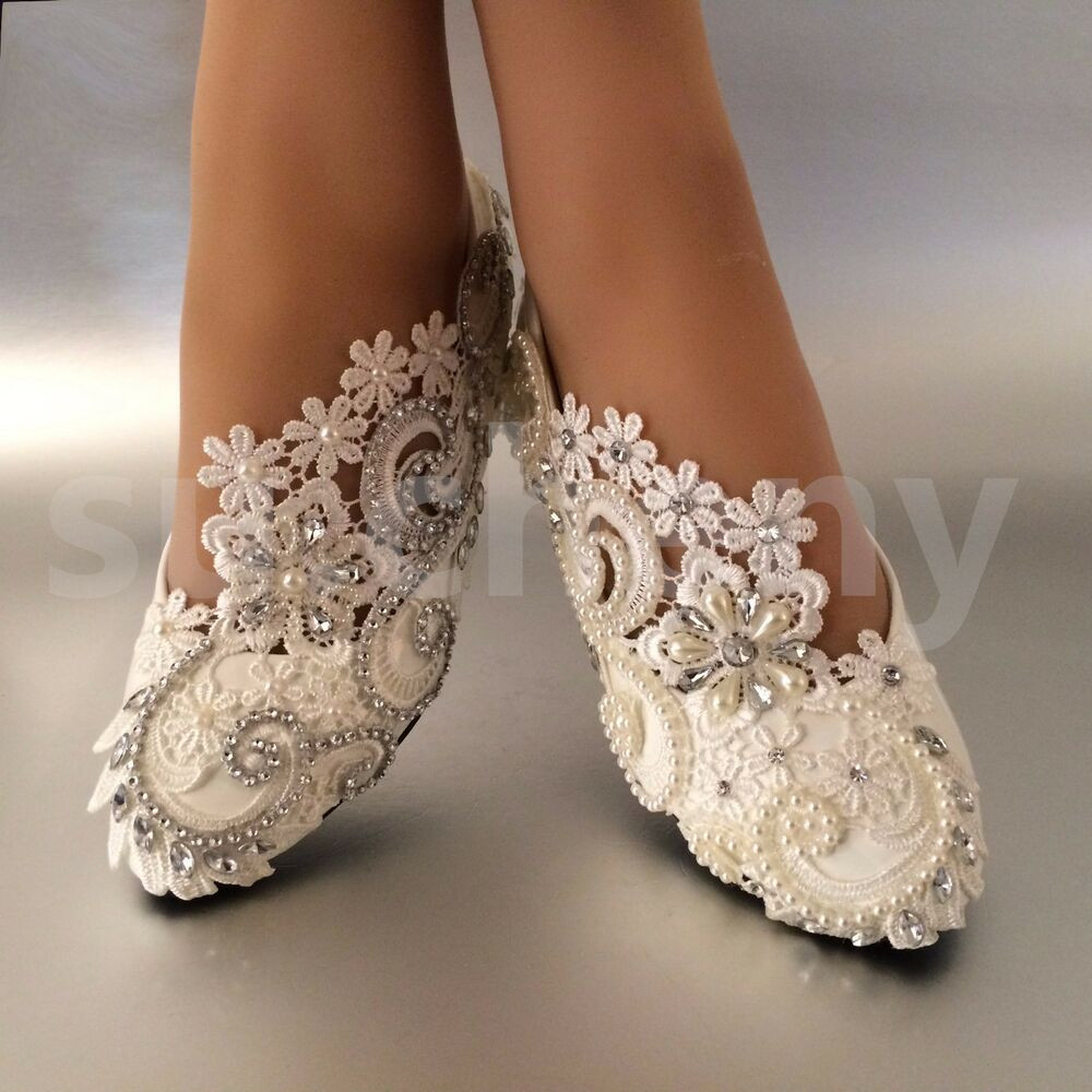 Wedding Shoes For The Bride
 sueny White ivory pearls rhinestones lace flat Wedding
