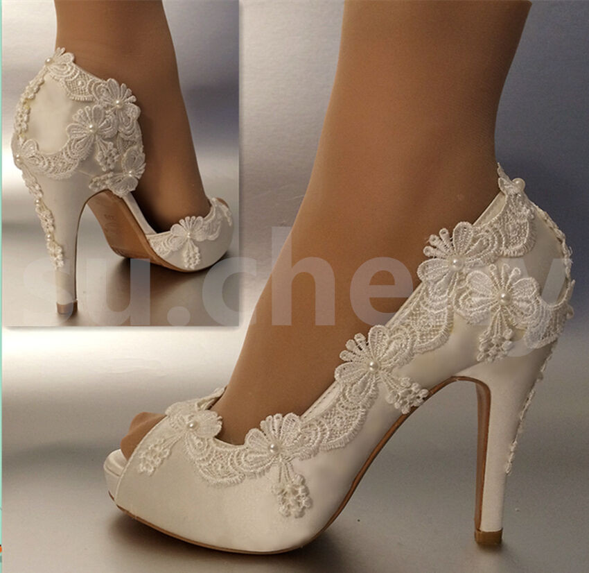 Wedding Shoes For The Bride
 3" 4" heel satin white ivory lace pearls open toe Wedding
