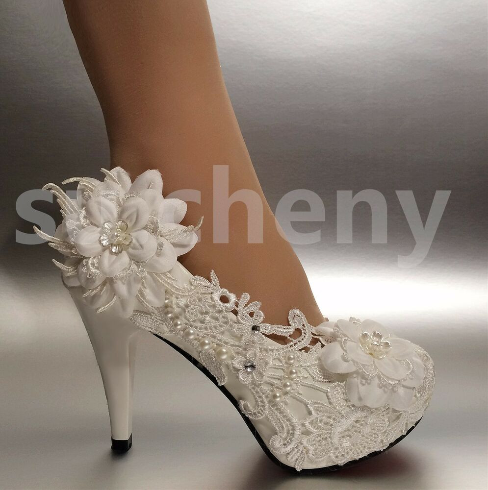 Wedding Shoes For The Bride
 sueny 2 3 4” White ivory heels lace ribbon crystal