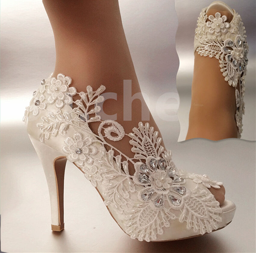 Wedding Shoes For The Bride
 3" 4" heel satin white ivory lace pearls open toe Wedding