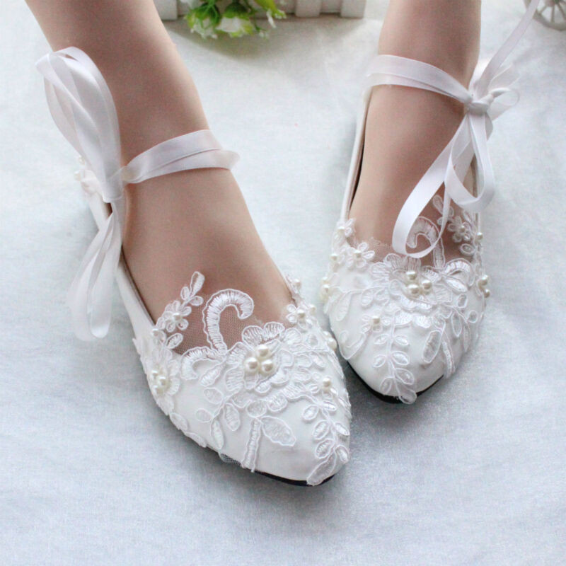 Wedding Shoes For The Bride
 Women Flats Pearls Lace Mary Jane Princess Wedding White
